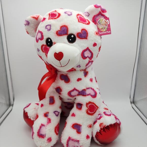 Scented Teddy Bear Plush 17" Pink Red Hearts Sewn Eyes Shiny Feet Stuffed Toy - Picture 1 of 9